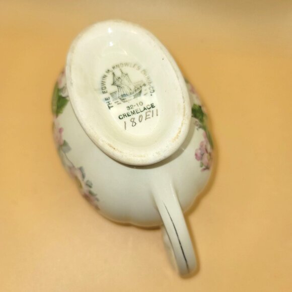 Vintage Edwin Knolls Cremelace Porcelain Creamer Pink Flowers Silver Trim sm2010 - Picture 7 of 7